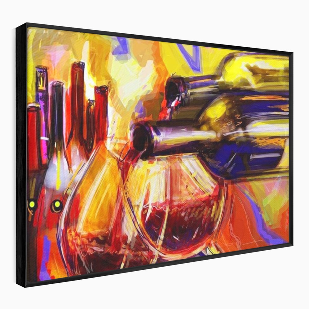Tablou canvas cu pictura abstracta cu sticle si pahare de vin, in rama de aluminiu negru
